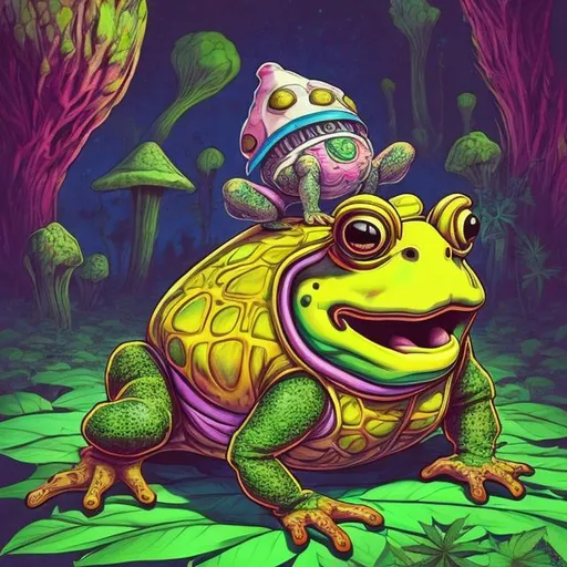 Prompt: an anthropomorphic toad takes psilocybin dmt cannabis lsd and mescaline