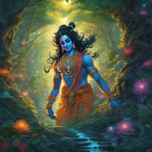 Prompt: Anime illustration, krishna coming out of a forest in a deep dark fantasy ancient india, action shot, expression mirrors deep love, intricate details highlight psychedelic, narrative elements woven throughout scene, ambient glowing aesthetics enhance beautiful depth, surrounding world contributes to atmosphere, digital painting with vivid colors, highly detailed, evoking strong beautiful response, 