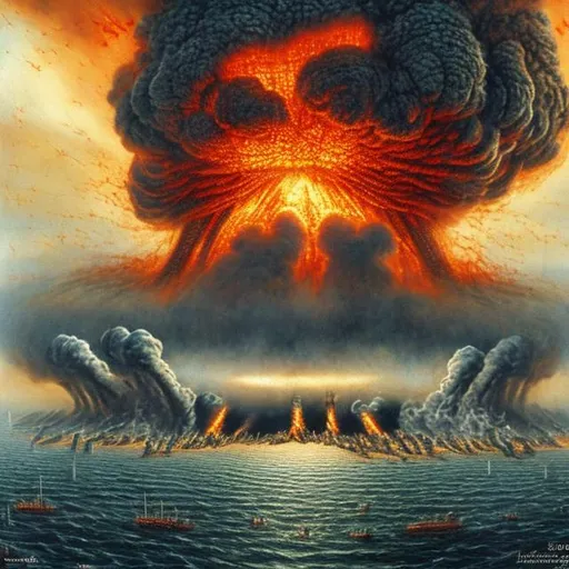 Prompt: the biggest ever nuclear bomb explodes into a massive alien army of ships