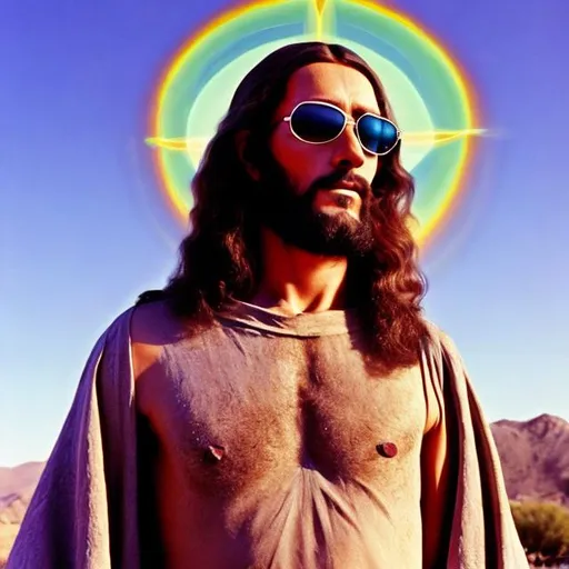 Prompt: stoic jesus hippie man with sunglasses tripping in califronia in 1970