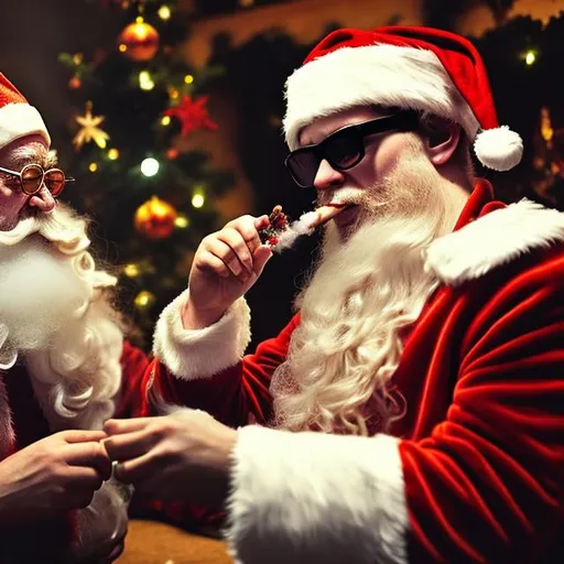 Prompt: father Christmas smokes weed with an elf, wearing sunglasses