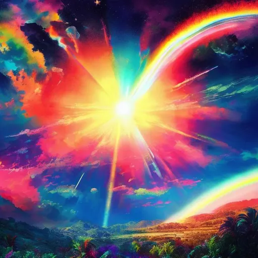 Prompt: ultra mega rainbow starset sunshine rainbow paradise