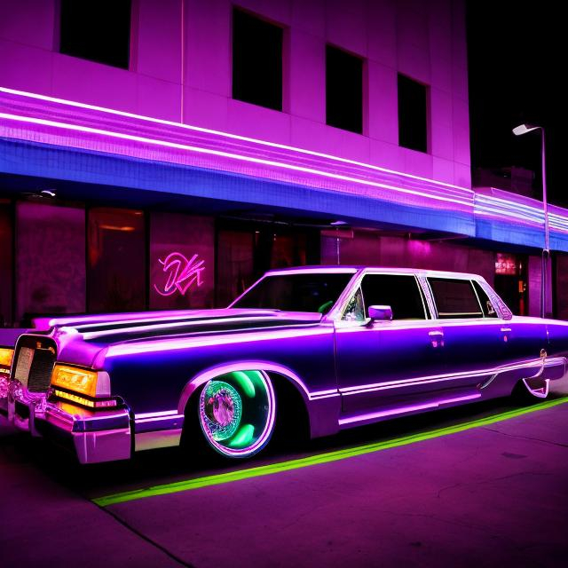 Prompt: a pimped out purple lowrider with purple neon lights in downtown los Angeles at night with neon signs, real photo