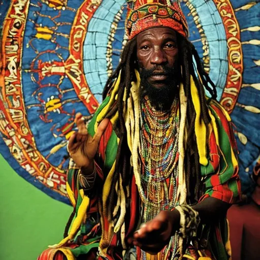 Prompt: the holy farda is a jamaican rastafari shaman priest in the temple of nyabinghi, smokes ganja