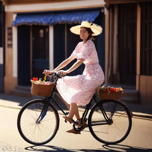 Prompt: A beautiful lady riding a bicycle in a town. 