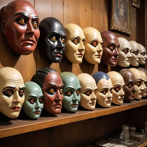 Prompt: a row of living masks with human eyes are lined up on the wall behind the counter of an antique shop. they stare at you.
