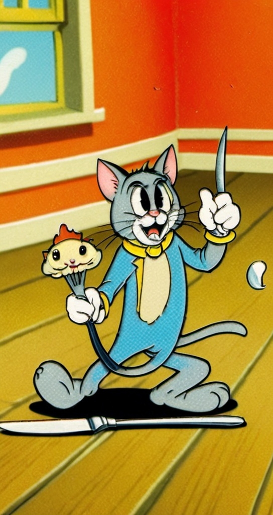 Prompt: a cartoon cat holding an oyster fork in a room with a window and a mouse on the floor in front of it fighting with a steak knife with the cat as if they were swords Altoon Sultan, bengal school of art, manga and anime 1 9 9 9, a comic book panel tom and jerry