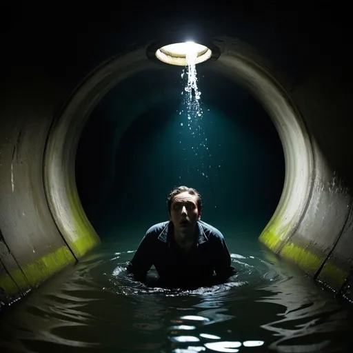 Prompt: in the sewer there is a concrete tube with a 7ft diameter and is filled with darkness. it is overflowing with water and a person is submerged up to their eyes they hide in the shadows but have a piecing stare