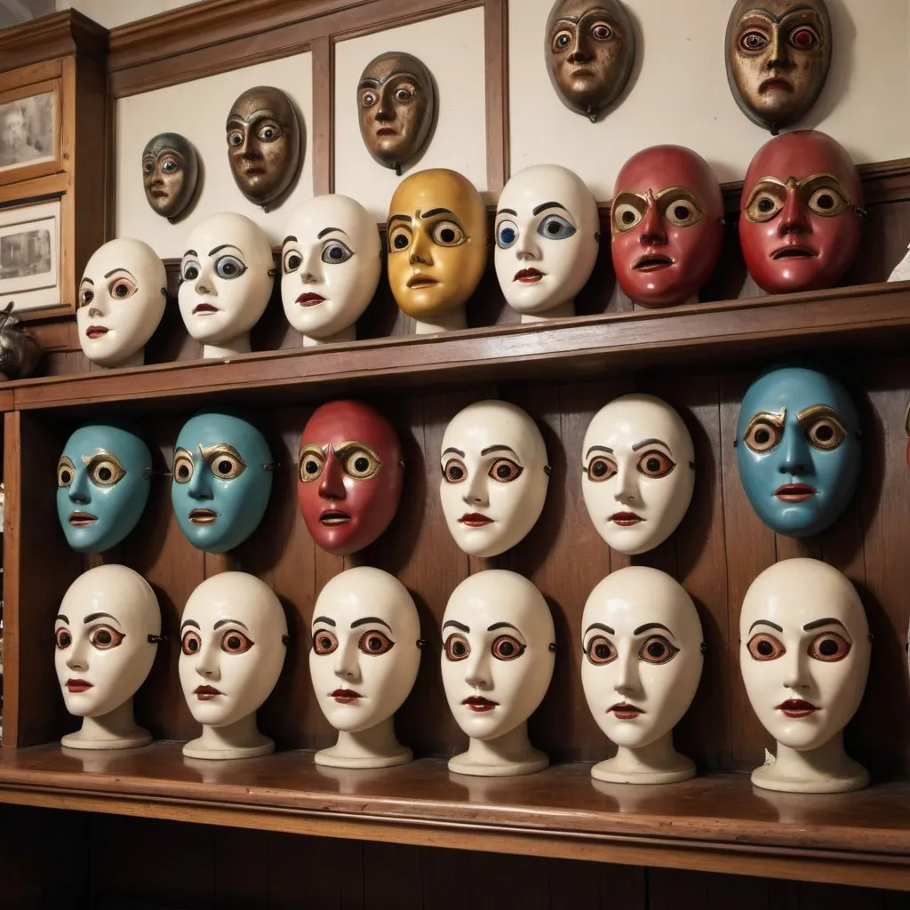 Prompt: a row of living masks with eyes are lined up on the wall behind the counter of an antique shop. they stare at you.