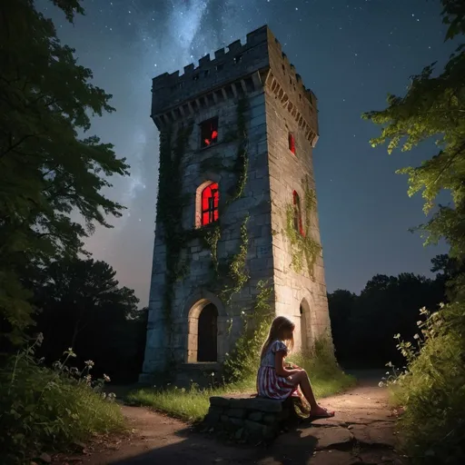 Prompt: a worn-down tower is in the middle of the woods at night with vines running up the side. the tower is made of grey stone and is connected to a wall which has fallen down. there are no windows in the tower except a large window at the top. on the roof of the tower is a little girl in a ragged and worn summer dress. she is sitting down and hugging her knees. she stares up at the knight sky full of red, white and blue stars.