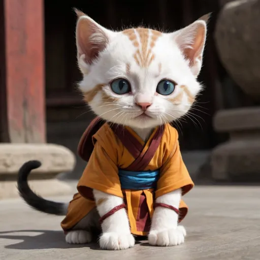 Prompt: a kitten in avatar the last air bender air monk attire