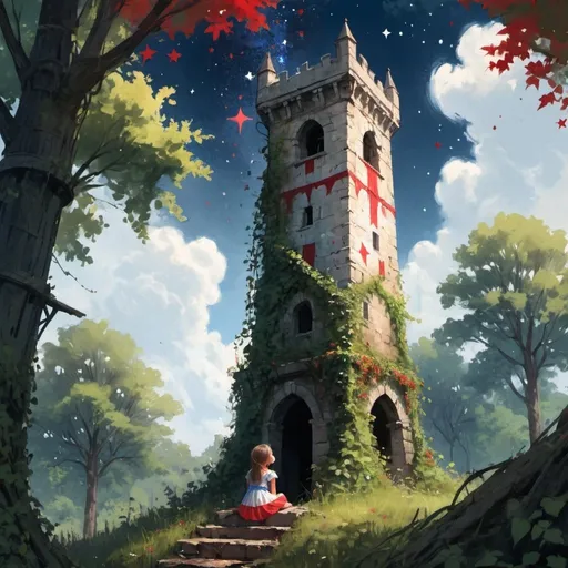 Prompt: a worn-down tower is in the middle of the woods with vines running up the side. on top of the tower is a little girl in a ragged and worn summer dress. she is sitting down and hugging her knees. she stares up at the knight sky full of red, white and blue stars.