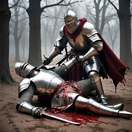 Prompt: a spooky knight has taken blow after blow from a mounted lancer. he is kneeling on the ground clutching his bloody wound but he has the will face the imponent has he lands the killing blow