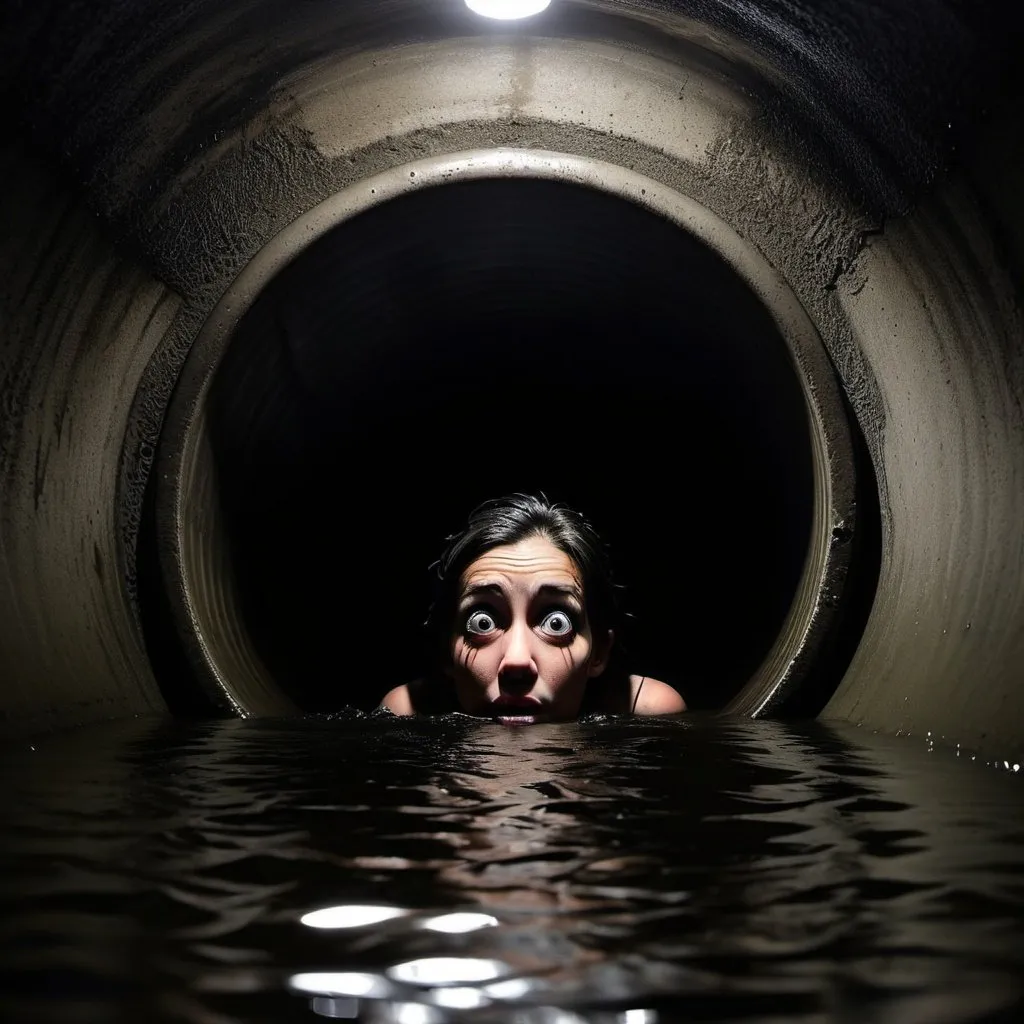 Prompt: in the sewer there is a concrete tube with a 7ft diameter and is filled with darkness. it is overflowing with water a shadow glares forward far inside the pipe from the darkness. there is an outline of a person but only the eyes are visable