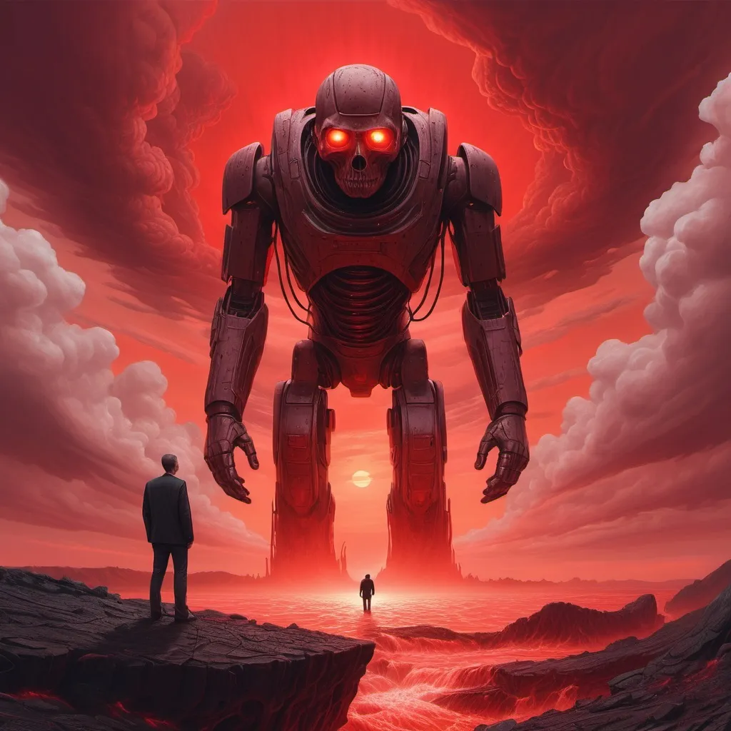 Prompt: Man contemplates the end of the woeld as an asteoid falls from a red sky