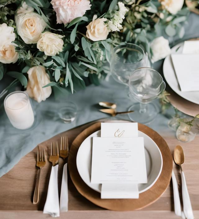 Prompt: a minimalist wedding table setting include menus on plates
