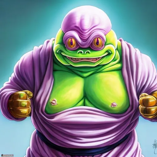 Prompt: Pepe the frog dressed as Majin Buu's full body from Dragon Ball Z, hypperrealistic, surrealism, 4k