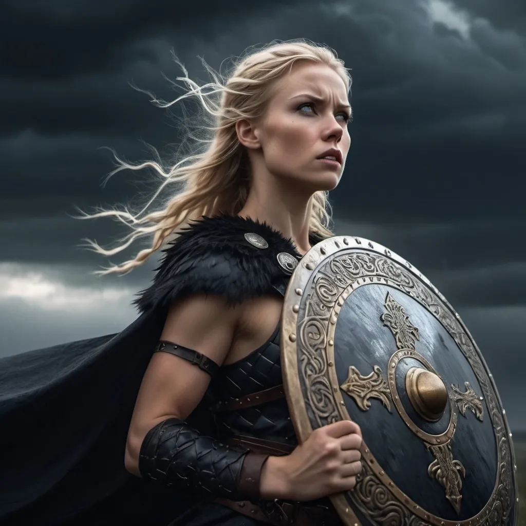 Prompt: Blond haired viking shield maiden in black with ravens 