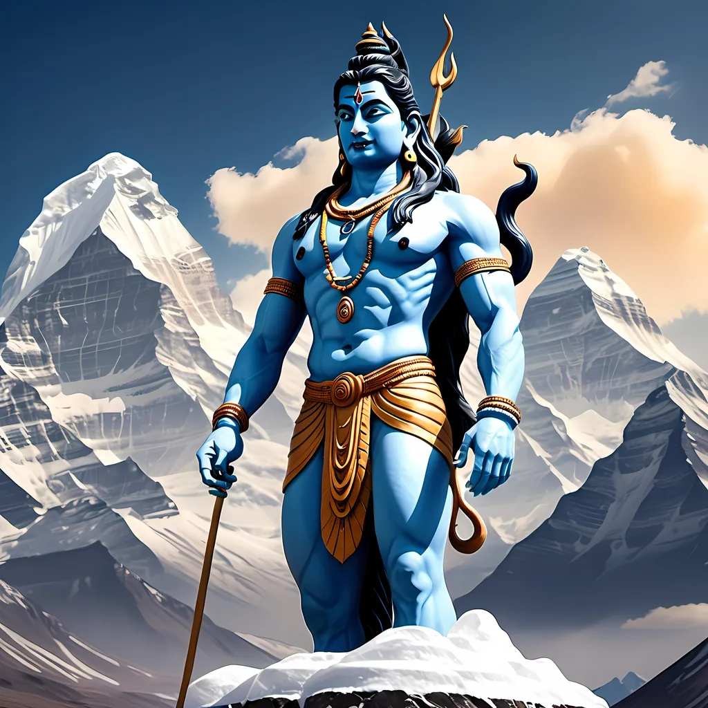 Prompt: (lord shiva perched atop mount kailash), majestic mountains in the background, ethereal aura surrounds Shiva, tranquil yet powerful atmosphere, cool tones of blue and silver, richly detailed textures of the snowy peaks, soft golden sunlight illuminating the scene, serene cloud formations, highly intricate details in Shiva's features and attire, (HD, ultra-detailed)