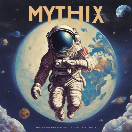 Prompt: An album cover with an astronaut floating above the earth with the word "Mythix" written at the top