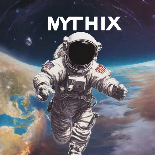 Prompt: An album cover with an astronaut floating above the earth with the word "Mythix" written at the top