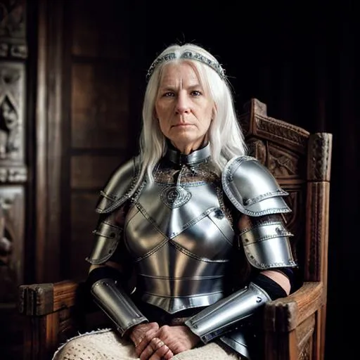 Prompt: A portrait of an wise, elderly  female warrior in germanic gothic plate armour. She has white hair and skin. She sits on a Throne with carved horse heads.