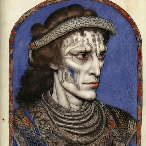 Prompt: A 1400s noble man with snake scales around his temples,  cheek bones and jaw line. He the wearing a blue doublet. 