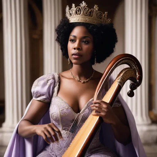 Prompt: A regal black woman wearing a crown and a lilac silk arthirian gown with spirals on the edges.
She is playing a harp. 
