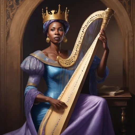Prompt: A portrait of a fifty year old black african queen wearing a crown, azure and lilac medieval dress with gold spiral trim. She is playing a harp.