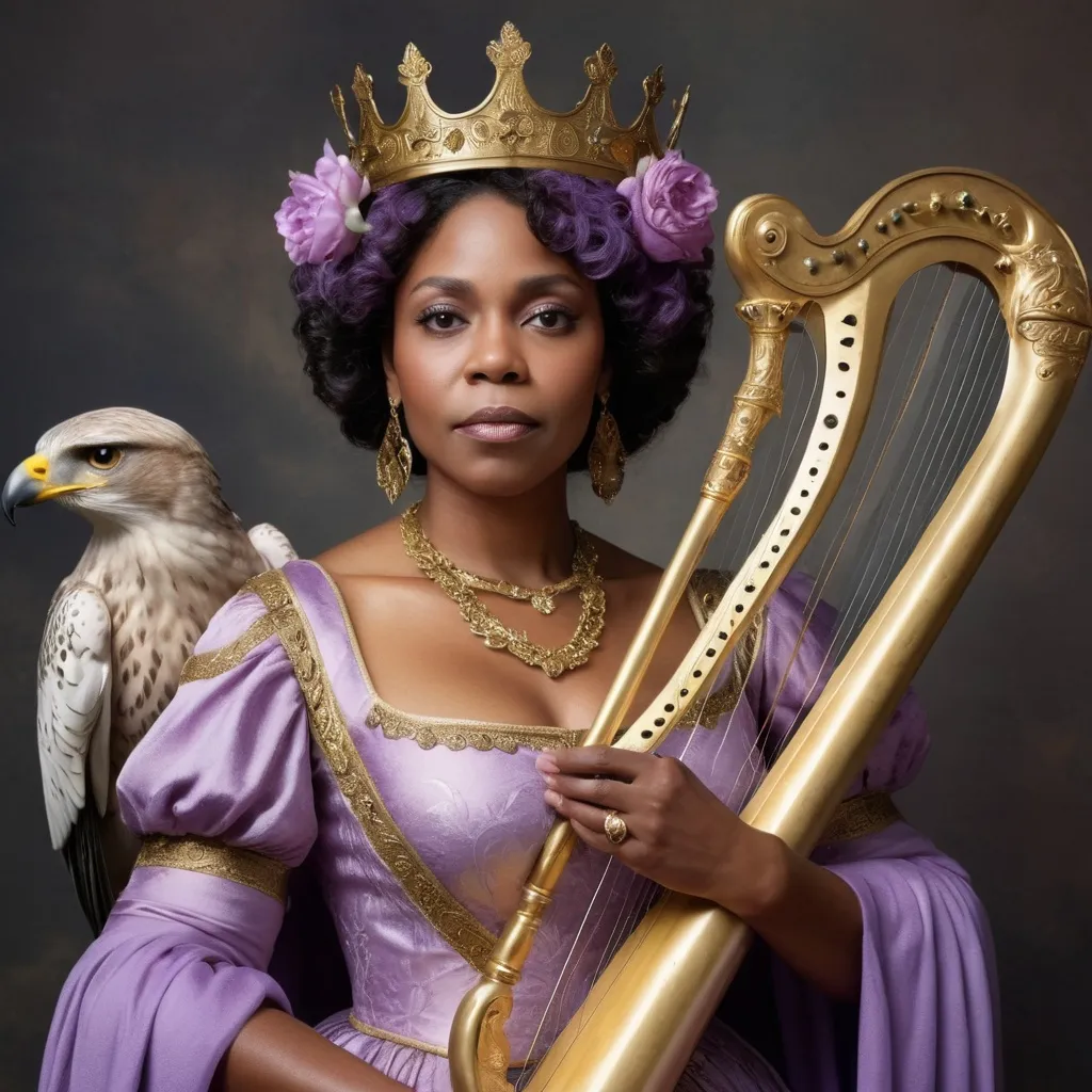 Prompt: A middle aged regal black woman wearing a crown and a medieval lilac dress trimmed with gold spirals.  She holds a hawk on her arm and a harp stands next to her.