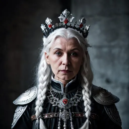 Prompt: Portrait of an elderly russian warrior woman vampire. She has white hair and grey and white skin with blue veins. She is wearing  russian crown and black ornate gothic plate armour. Her clothes are white with red trim.