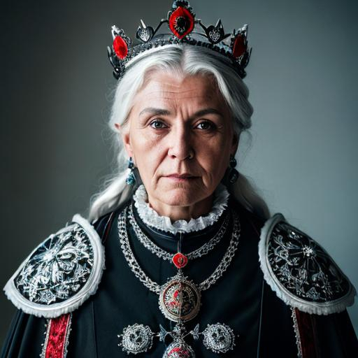 Prompt: Portrait of an elderly russian warrior woman. She has white hair and grey and white skin with blue veins. She is wearing  russian crown and black ornate gothic plate armour. Her clothes are white with red trim.