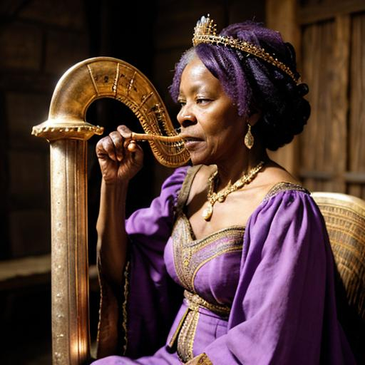 Prompt: An older African woman wearing a crown and a lilac medieval dress. She is playing her harp. There are art supplies around her and a hawk on a perch.