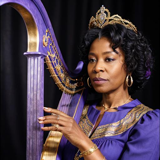 Prompt: A portrait of a fifty year old black woman queen wearing a crown, azure and lilac medieval dress with gold spiral trim. She is playing a harp.