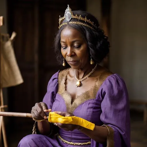 Prompt: An older African woman with dark hair wearing a crown and a lilac medieval dress. She is painting a hawk..