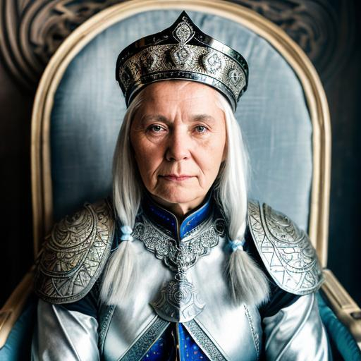 Prompt: A portrait of an wise, elderly  female russian warrior in male germanic gothic plate armour. She has white hair and very white skin with blue veins.. She sits on a large Throne with carved horse heads on the back.