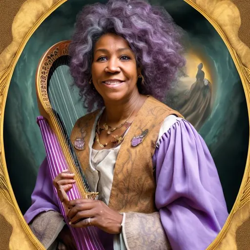 Prompt: A portrait of a fifty year old black woman. She is wearing crown and a lilac and azure medieval dress with gold spiral trim. She has a harp beside her and is holding a scroll.
There is a hawk behind her.