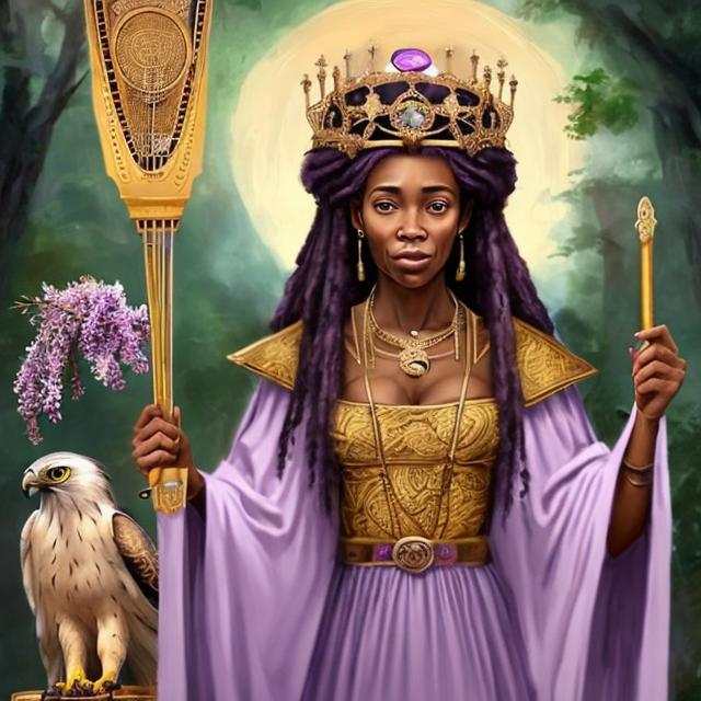 Prompt: A wise Empress of  African descent. She is wearing a crown and a lilac medieval dress. She is holding a hawk and a harp stands next to her.
Her face is beau, wise and serene.