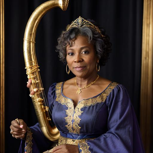 Prompt: A portrait of a fifty year old black woman wearing a crown, azure and lilac medieval dress with gold spiral trim. She is holding a scroll and has a harp next to her.