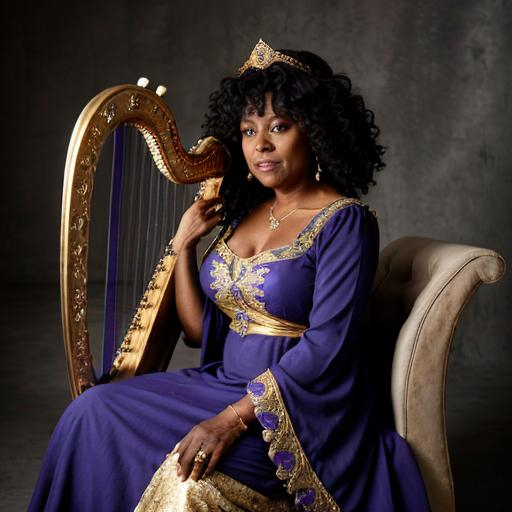 Prompt: A portrait of a fifty year old black woman wearing a crown, azure and lilac medieval dress with gold spiral trim. She is playing a harp.