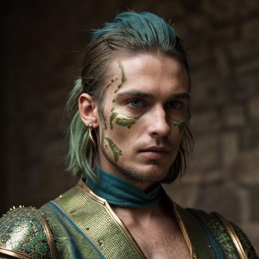 Prompt: A 1400s rugged noble man with green and golden lizard scales around his temples,  cheek bones and jaw line. He the wearing a blue doublet. 