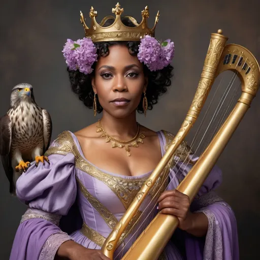 Prompt: A middle aged regal black woman wearing a crown and a medieval lilac dress trimmed with gold spirals.  She holds a hawk on her arm and a harp stands next to her.