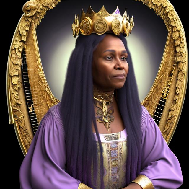 Prompt: A 40 year old black woman wearing a lilac medieval dress and gold crown. She is beautiful and wise.  She has a hawk on one side and a harp on the other.