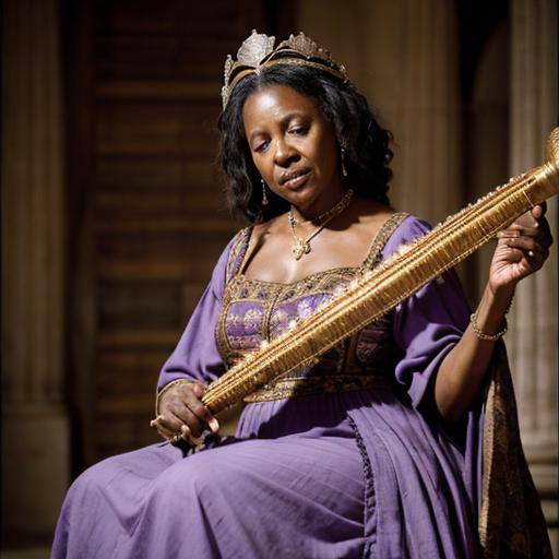 Prompt: An older African woman with dark hair wearing a crown and a lilac medieval dress. She is playing her harp. There are art supplies around her and a hawk on a perch.