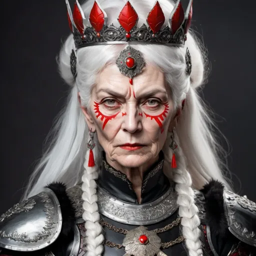 Prompt: Portrait of a fierce  elderly russian warrior woman. She very stern and has white hair and white skin. She is wearing a russian crown and black ornate gothic plate armour. Her clothes are white with red trim.
She has a knife scar on her face.