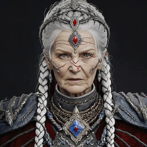 Prompt: Elderly fierce and wise female russian warrior wearing laminar armour. She has white braided hair with charms in it and has white skin with blue veins. She eyes have grey shadows around them and she is wearing a crown. She is powerful and her jewellery is trimmed with blood red stones.