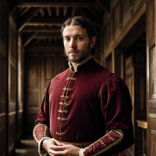 Prompt: Portrait of an ordinary man wearing Italian renaissance clothing. Stands in front of a half but medieval hall.