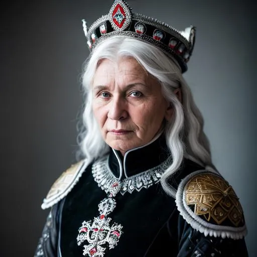 Prompt: Portrait of an elderly russian warrior woman. She has white hair and grey and white skin with blue veins. She is wearing  russian crown and black ornate gothic plate armour. Her clothes are white with red trim.