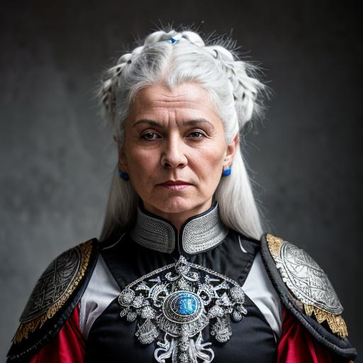 Prompt: Portrait of an elderly russian warrior woman. She has white hair and grey and white skin with blue veins. She is wearing black ornate gothic plate armour. Her clothes are white with red trim.