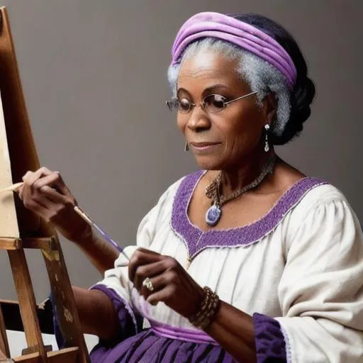 Prompt: An older African woman with dark hair wearing a crown and a lilac medieval dress. She is painting a hawk..